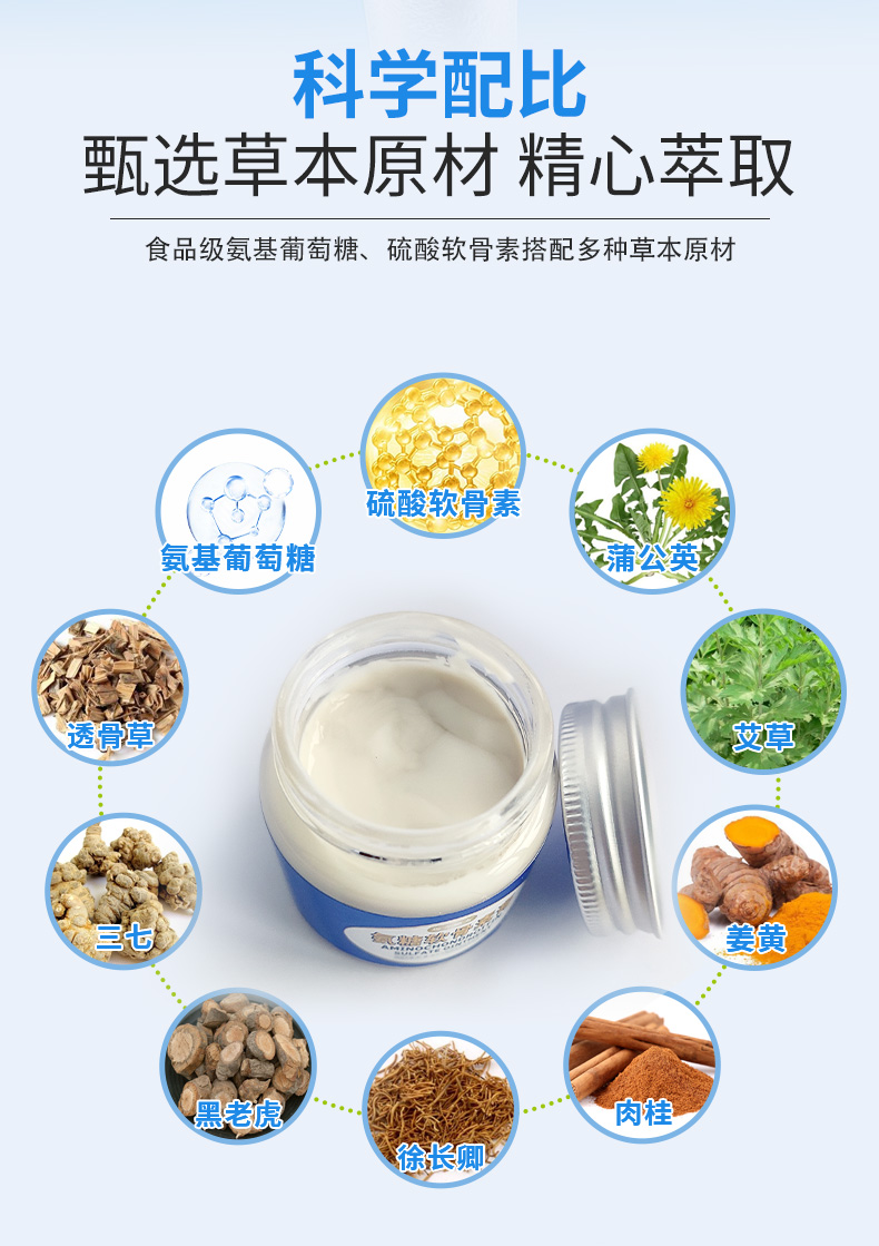 科學配比，甄選草本原材精心萃取，食品級氨基葡萄糖、硫酸軟骨素搭配多種草本原材